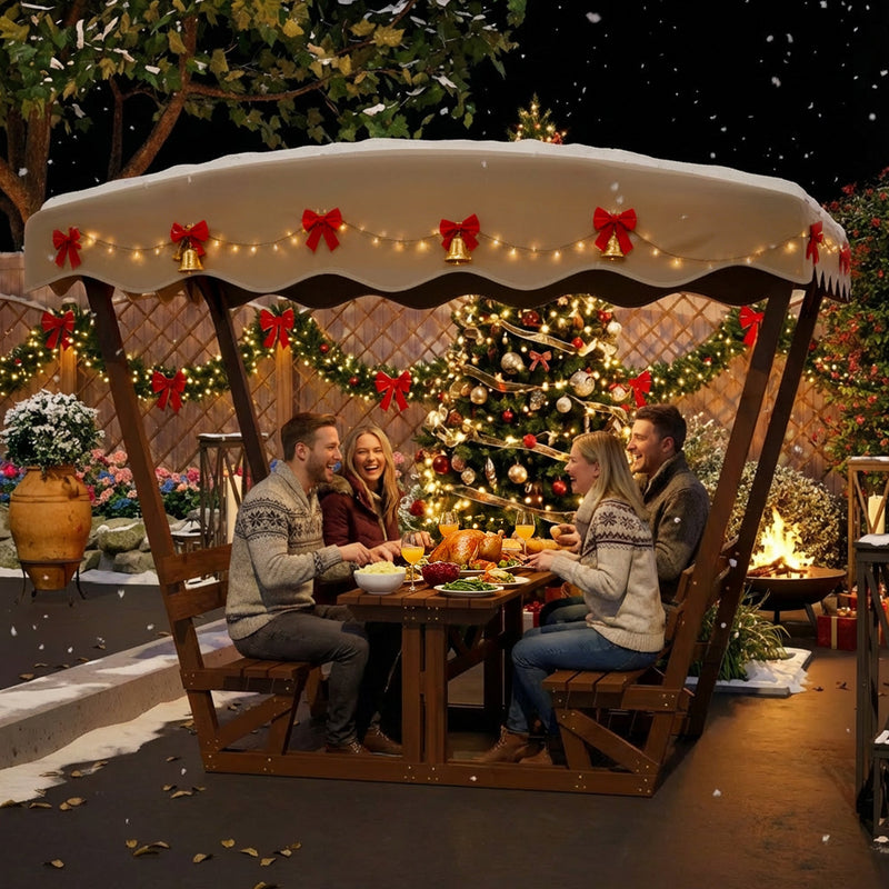 Outdoor Waterproof Solid Wood Picnic Table and Bench Set with Removable Canopy, photo 9 of 10