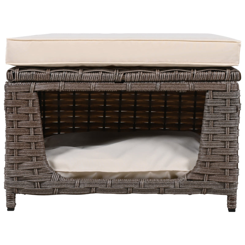 5 Pieces Outdoor Patio Furniture Set with Pet House Cool Bar and Retractable Side Tray, Rattan Wicker Patio Swivel Rocking Chairs Set of 2 with Ottomans for Backyard, Porch, Balcony, Beige