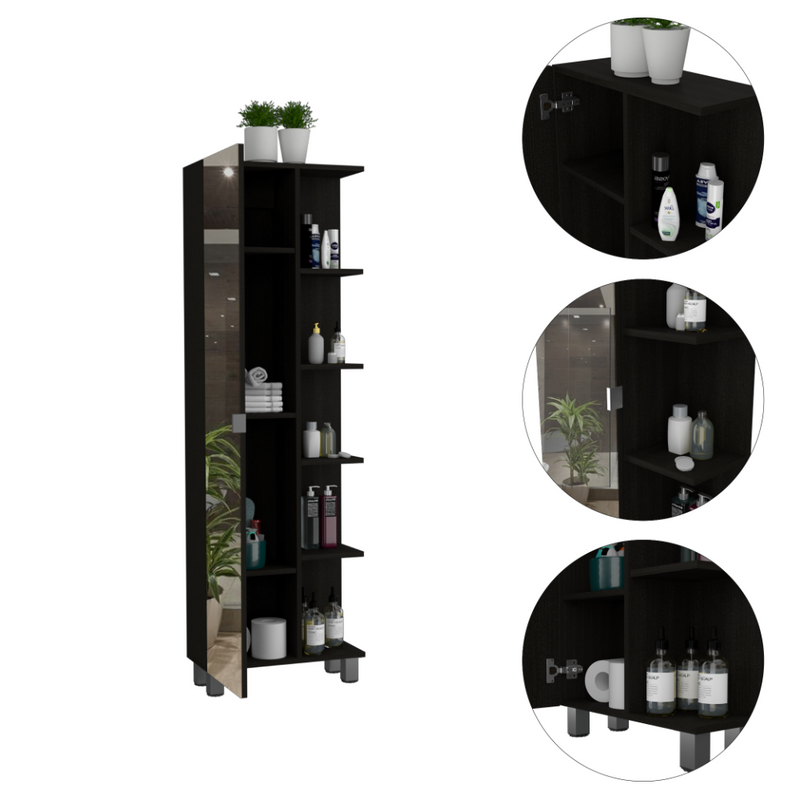 Urano Mirror Linen Cabinet, Four Interior Shelves, Five External Shelves -Black