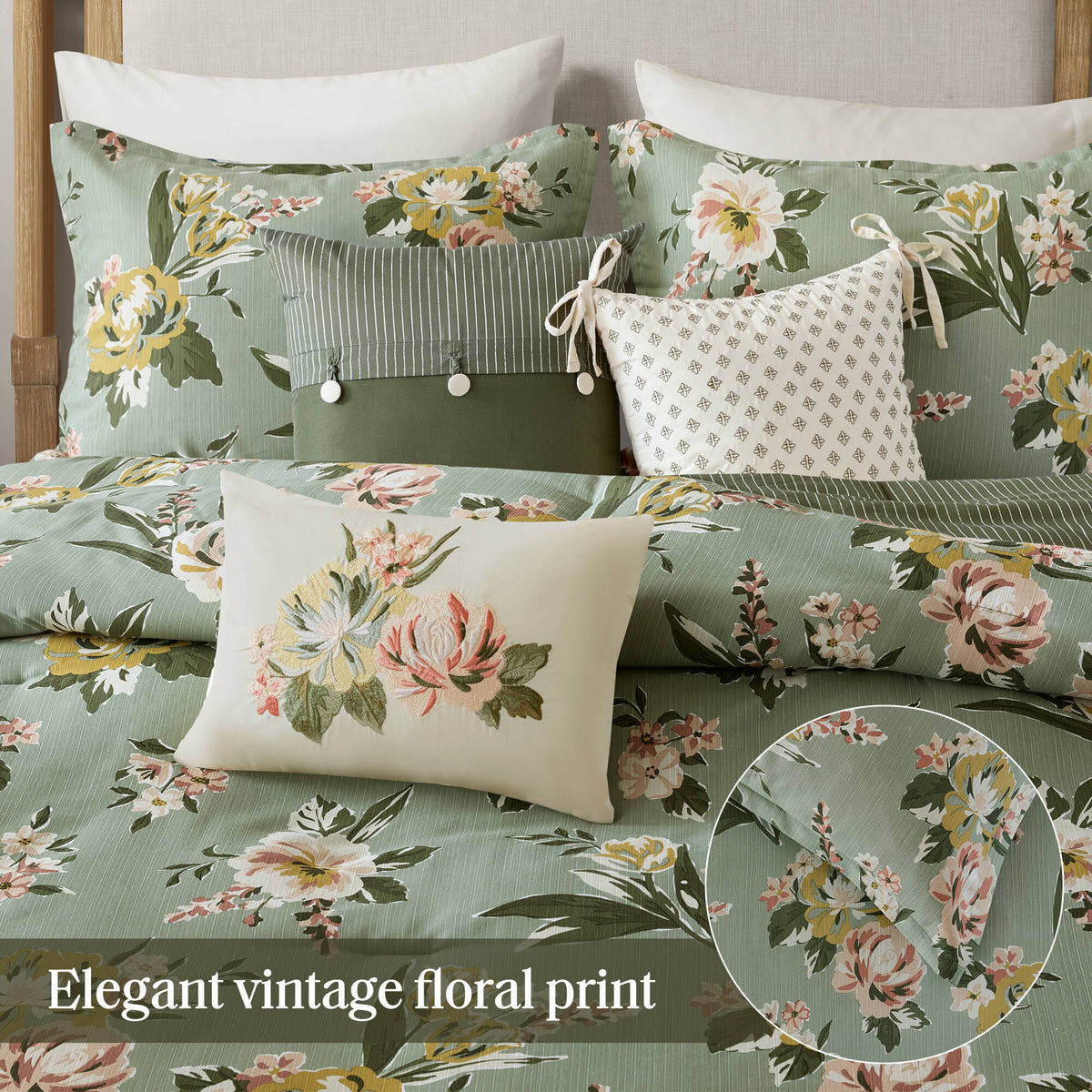 7-Piece King Vin Floral Comforter Set, Green, Reversible, photo 10 of 10