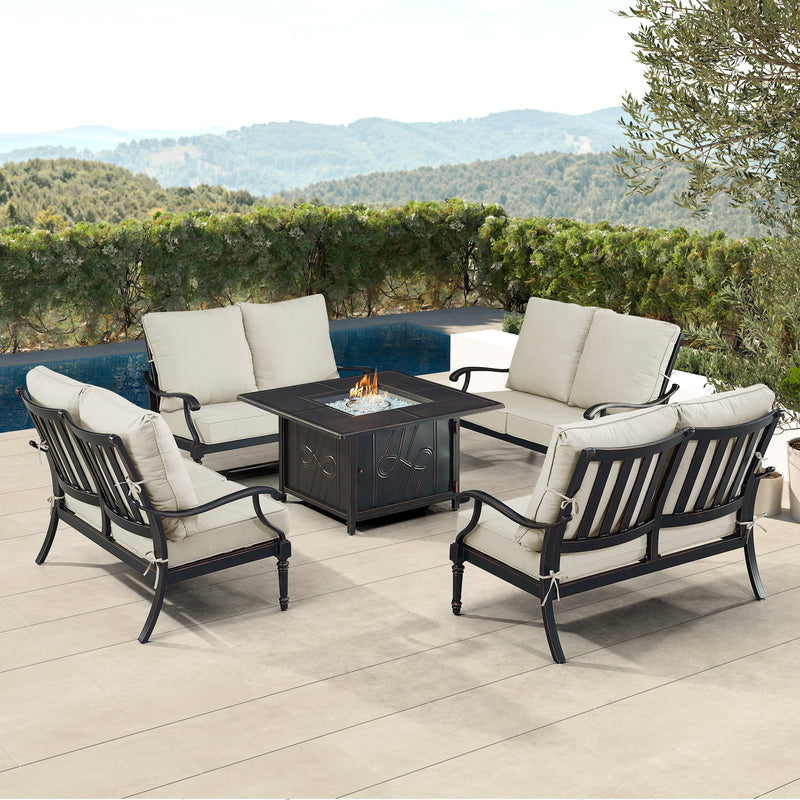Black Aluminum Fire Table Set with Four Deep Seating Loveseats