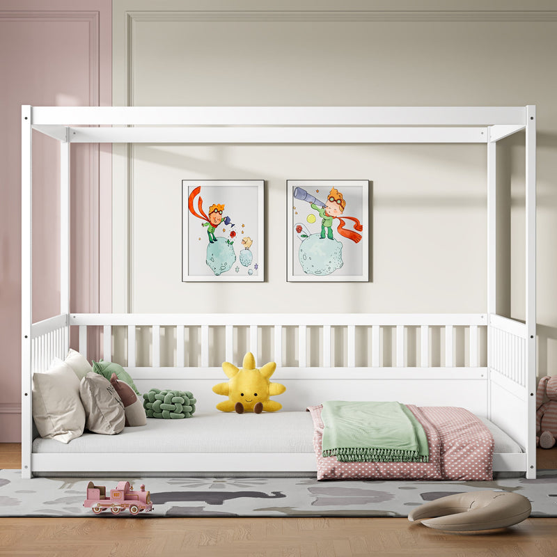 Full Size Canopy Bed Frame with Guardrails for Kids