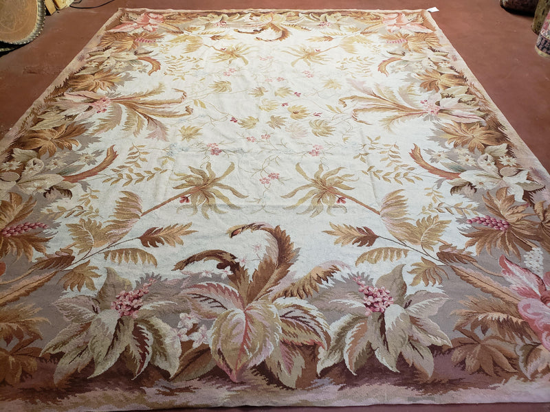 7' 7" x 9' 8" Needlepoint Rug Floral Beige Flat Weave Carpet 8x10 Handmade New Area Rug