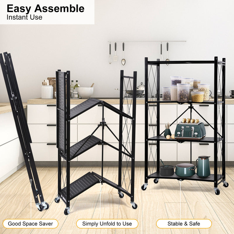 4-Tier Heavy Duty Foldable Metal Rack Storage Shelving Unit with Wheels Moving Easily Organizer Shelves Great for Garage Kitchen Holds up to 1000 lbs Capacity, Black