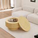 Round Coffee Table With 2 Dining Chairs Set, Ring Striped Design - Beige / Wood