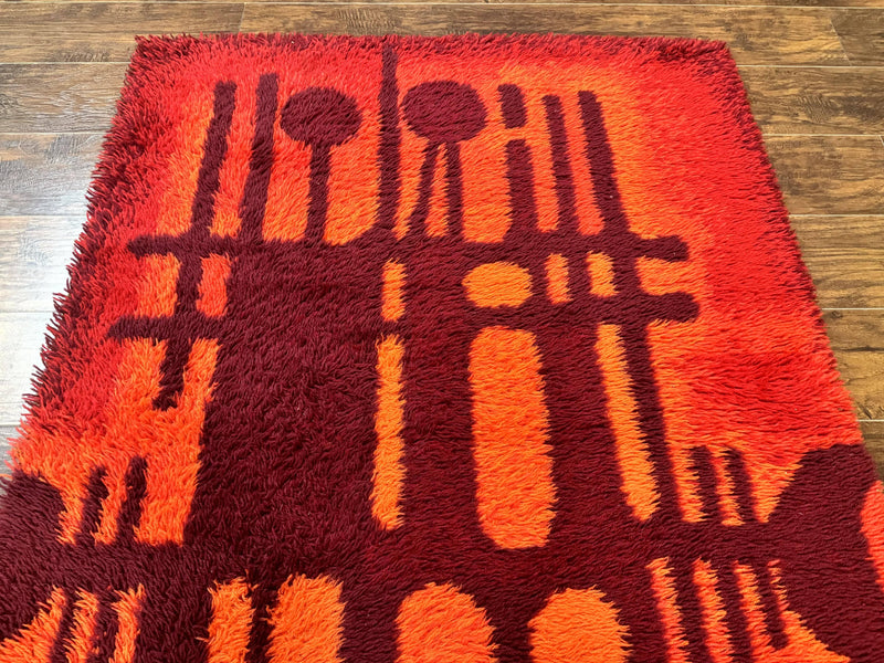 Danish Rya Shag Rug 4x6, Red Vintage Mid Century Retro Abstract Shag Rug