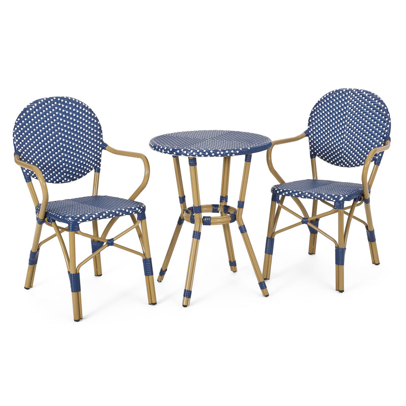 Walker Edison - Outdoor PE Rattan and Aluminum 3 Piece French Bistro Set, Dark Teal & White, and Bamboo Finish