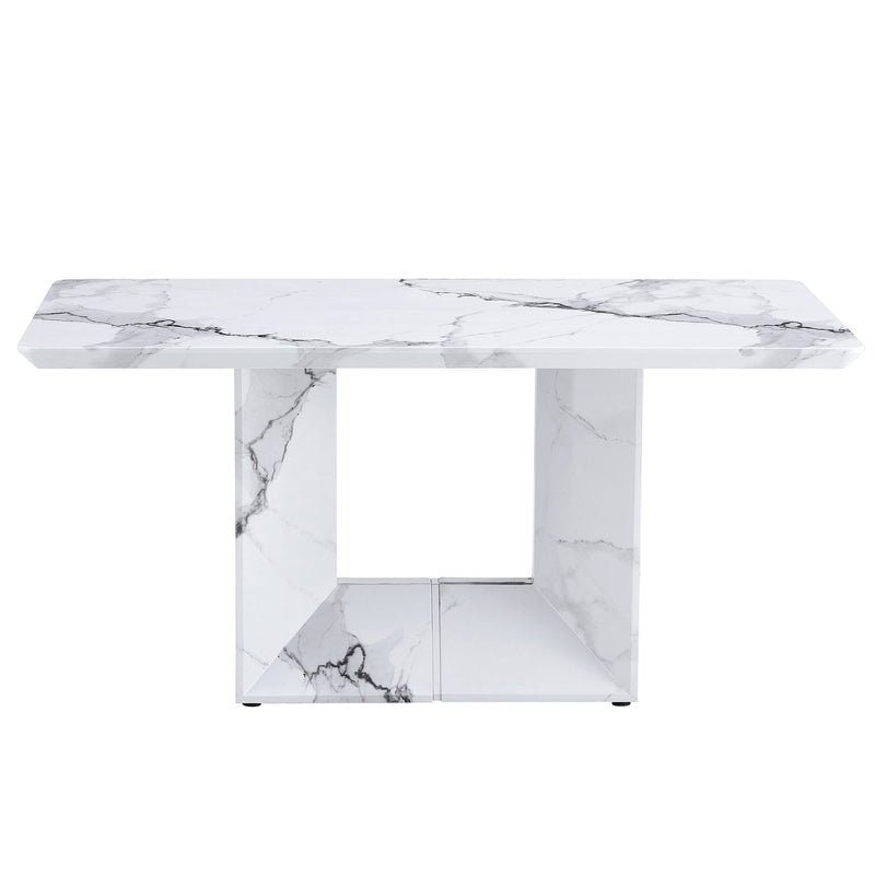 A simple dining table. A dining table with a white marble pattern. 4 PU synthetic leather high backrest cushioned side chairs with C-shaped silver metal legs. DT-SQ-16090-wh
