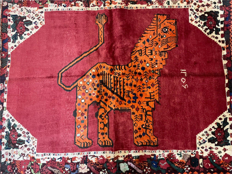 5 X 6 Handmade Rug Zagros Quality Wool Rug Lion Organic Dyes Red Leopard Tribal