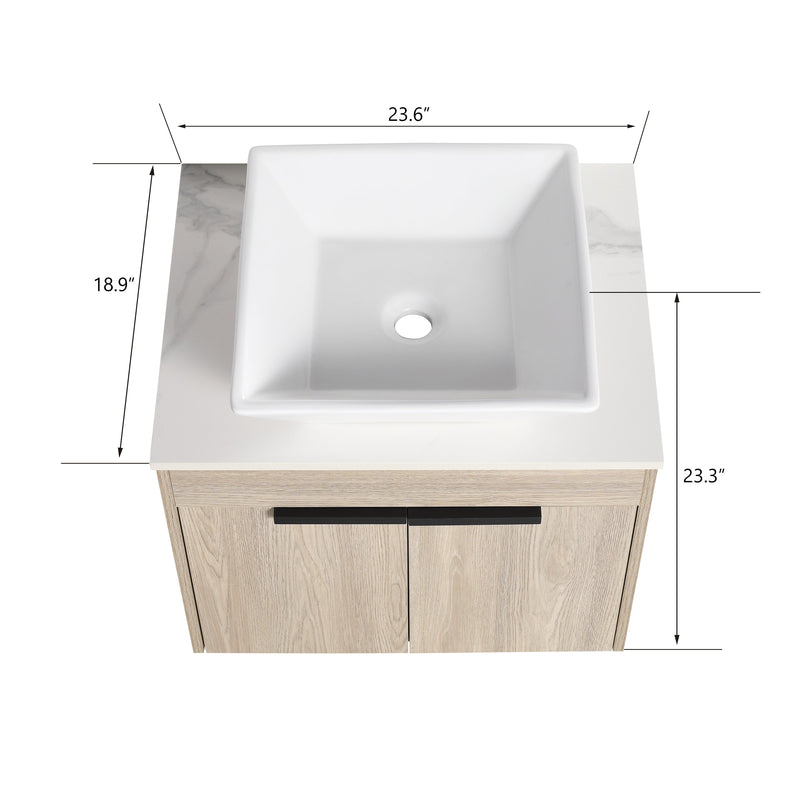 24" Modern Design Float Bathroom Vanity With Ceramic Basin Set, Wall Mounted White Oak Vanity With Soft Close Door, KD-PackingD-Packing Pieces