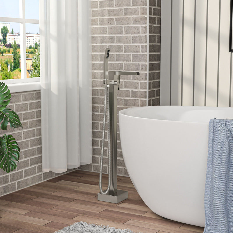Freestanding Bathtub Faucet Waterfall Tub Filler Floor Mount Solid Brass With Hand Shower - Brushed Nickel, photo 6 of 9