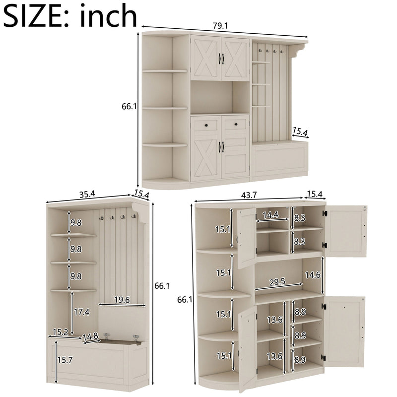 Multifunctional left-right combination hall cabinet (can be used separately) with storage and 4 hooks, storage cabinet/ hall tree 2 in 1 for living room, kitchen and hallway,antique Beige