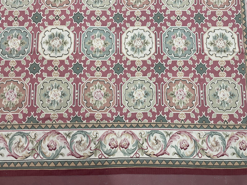 9x9 Square Rug Hand Knotted, Needlepoint Aubusson Carpet, Blush Red, Beige, Green, New, Mint Condition Area Rug, English European Design