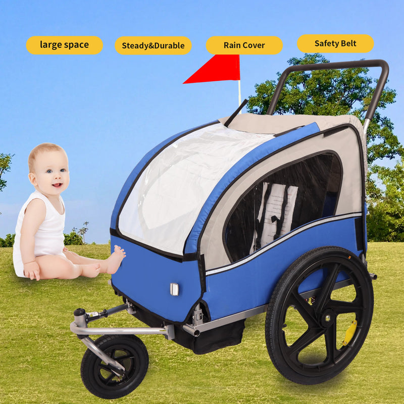 2-in-1 Double 2 Seat Bicycle Bike Trailer Jogger Stroller for Kids Children Foldable Collapsible w/Pivot Front Wheel