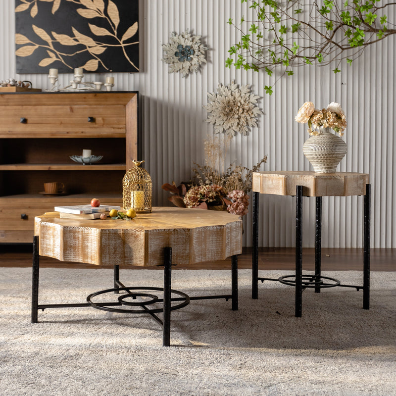 31.5 "Vintage Splicing Lace Shaped Coffee Table with Fir Wood Table Top and Concave Metal Cross Legs (Set of 2)