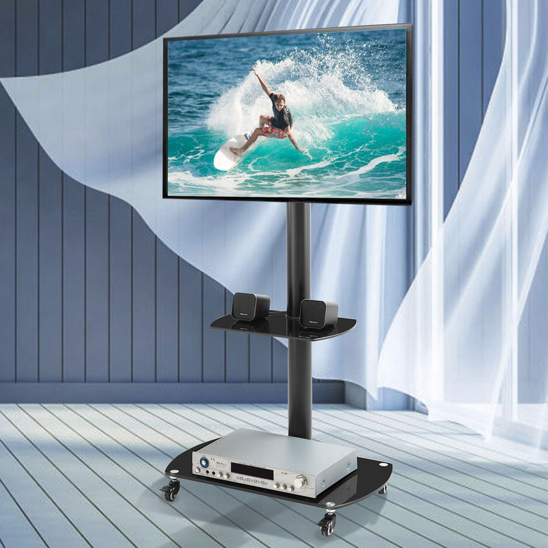 Height And Angle Adjustable Multi-Function Tempered Glass Metal Frame Floor With Lockable Wheels Mobile TV Stand, Lcd / Plasma TV Bracket 2 Tier Tempered Glass Shelves For Multiple Media Devices - Black, photo 4 of 4