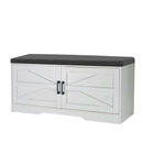 2 Tier Shoe Bench With Padded Seat, 2 Barn Doors And Adjustable Shelves, For Entryway And Living Room - White by HouseOfZazla