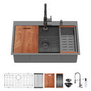 Drop In Kitchen Sink With Pull Out Faucet And Soap Dispenser, Single Bowl Topmount Sink - Gunmetal Black by HouseOfZazla