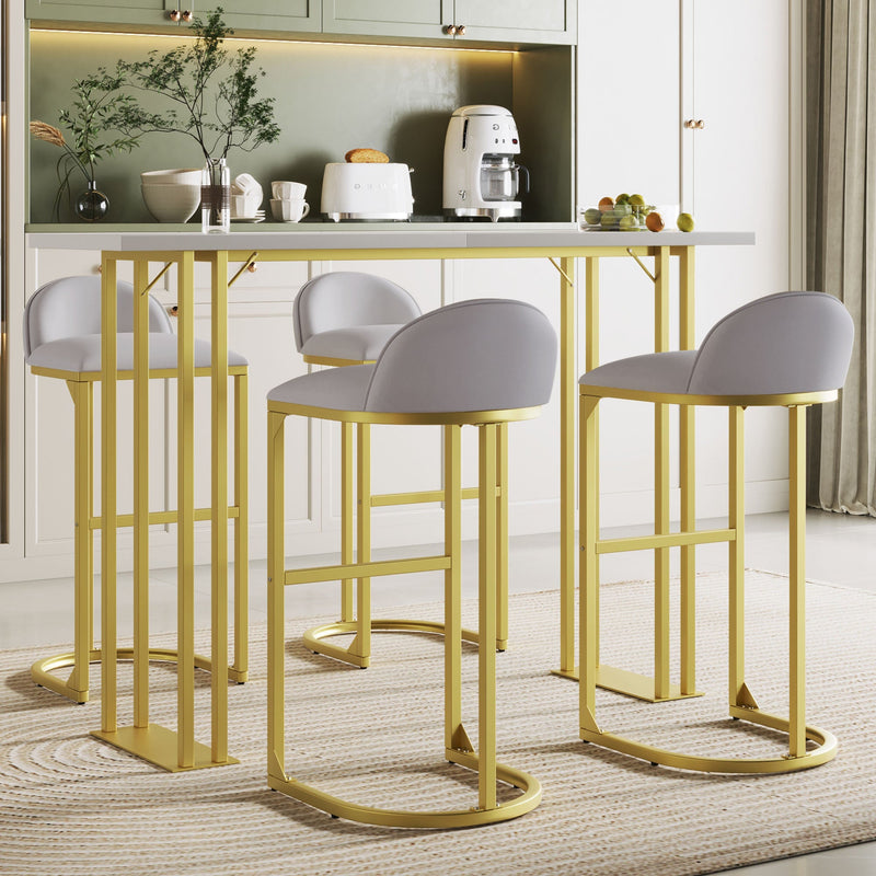 5 Pcs Bar Table and Chairs Set, Modern Gold White Table with 4 Velvet Cushion Bar Stools, Kitchen Counter High Top Table, Breakfast Table Set, Space Saving Table for Home & Kitchen, Gold Frame