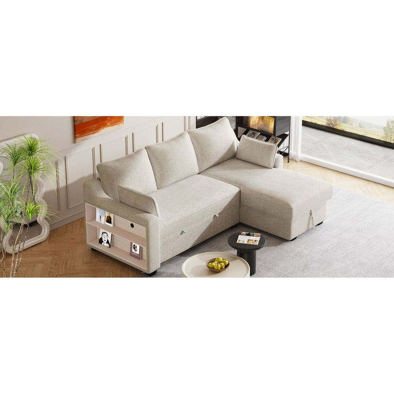 90" Pull Out Sleeper Sofa L-Shaped Couch Convertible Sofa Bed with Storage Chaise, Storage Racks and USB Ports (SG001340AA), Beige