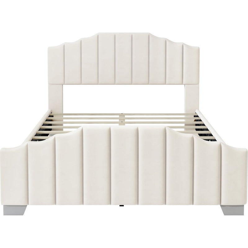 3 Pieces Bedroom Sets Queen Size Velvet Upholstered Platform Bed Vertical Channel Tufted Headboard and Two Three-drawer Nightstands,Beige