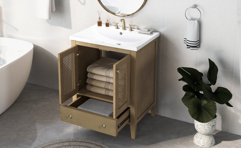 24" Bathroom Vanity with Ceramic Basin, Rattan Bathroom Storage Cabinet with Two Doors and Drawer, Solid Frame, Natural
