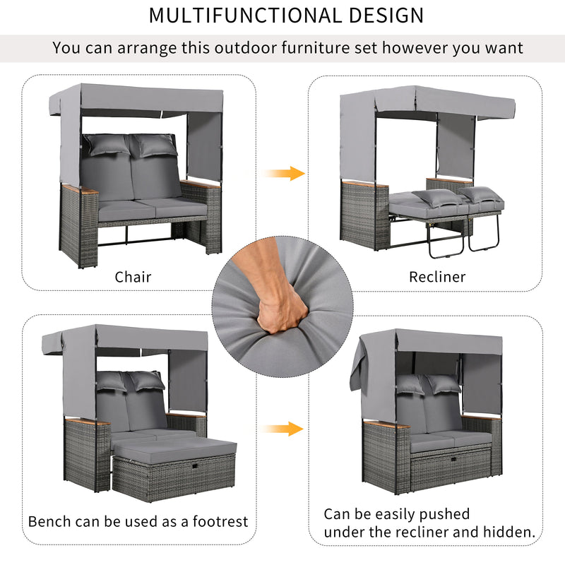 Walker Edison - 2-Piece Rattan Outdoor Patio Bench Lounge Roof Set, Effective UV Protection Fabric & Waterproof Cushions and Adjustable Backrest for Garden, Backyard and Porch (Grey Wicker + Grey Fabric)