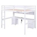 Full Size Loft Bed With Desk, Cabinets, Drawers, Charging Station And Bedside Tray, Sturdy Frame, No Box Spring Required - White by HouseOfZazla