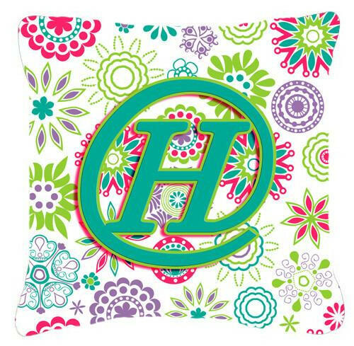 Letter H Flowers Pink Teal Green Initial Canvas Fabric Decorative Pillow CJ2011-HPW1414