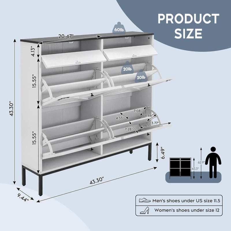 Large Shoe Cabinet with 4 Flip Drawers, Freestanding Shoe Cabinet Organizer with Metal Drawer Bracket, Shoes Storage Cabinet for Entryway, Narrow Shoe Rack Cabinet, White