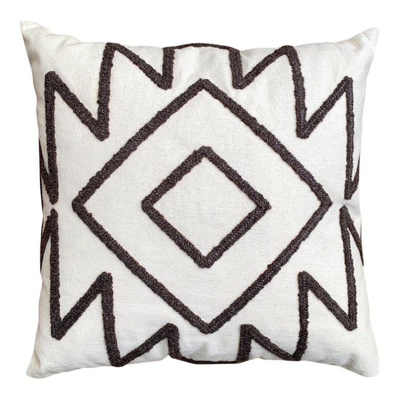 17 x 17 Inch 2 Piece Square Cotton Accent Throw Pillow Set with Modern Geometric Aztec Design Embroidery, White, Gray