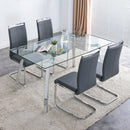 A modern minimalist rectangular glass dining table with tempered glass tabletop and silver metal legs, suitable for kitchens, restaurants, and living rooms,63"x35.4"x30"