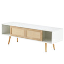 55.12" Rattan TV cabinet, double sliding doors for storage, adjustable shelf, solid wood legs, TV console for living room, White