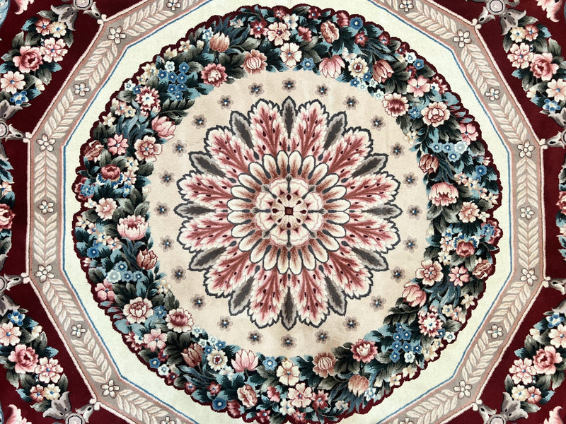 Chinese Aubusson Rug 9x12, Burgundy, Handmade Vintage Wool Carpet, Fine 210 KPSI, Elegant European Design