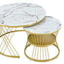 27.5" & 17.7" Nesting Coffee Table with Marble Grain Table Top, Golden Iron Frame Round Coffee Table, Set of 2, for Living Room, Balcony, White