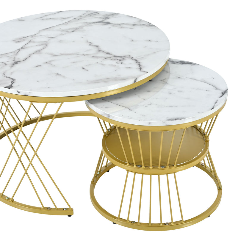 27.5" & 17.7" Nesting Coffee Table with Marble Grain Table Top, Golden Iron Frame Round Coffee Table, Set of 2, for Living Room, Balcony, White
