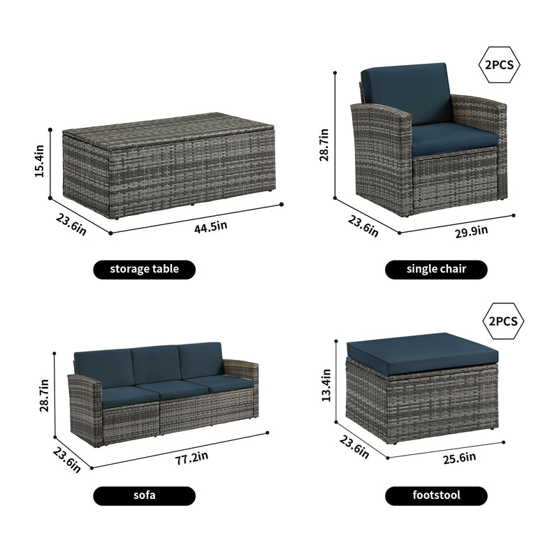 6 Pieces Wicker Patio Furniture Sets Outdoor Conversation Set PE Rattan Sectional Sofa Couch with Storage Table and Navy Blue Anti-Slip Cushions and Waterproof Covers