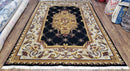 6x9 Nepalese Rug, Aubusson Savonnerie Area Rug 6 x 9 with Soft Pile, Hand-Knotted Wool Black & Beige Tibetan New Carpet European Design