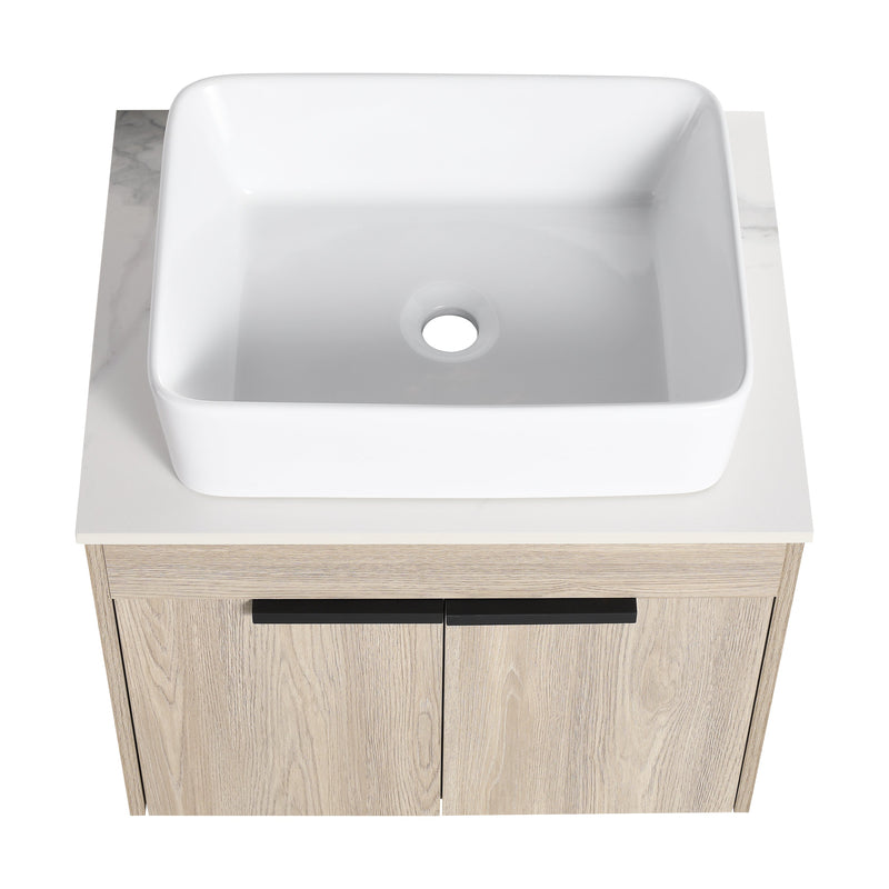 24" Modern Design Float Bathroom Vanity With Ceramic Basin Set, Wall Mounted White Oak Vanity With Soft Close Door, KD-PackingD-Packing Pieces