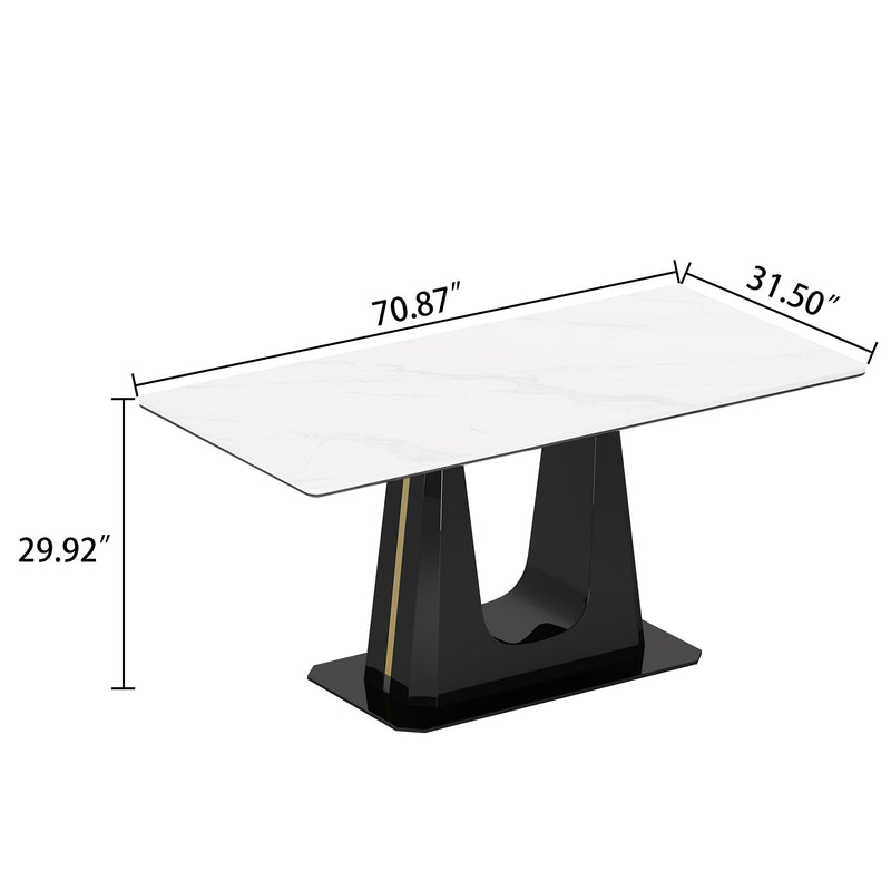 0.47" Thick Sintered Stone Composite Tempered Glass Top Rectangular Dining Table with Black Stainless Steel Base