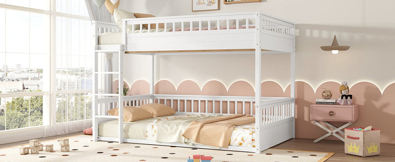 Queen over Queen Bunk Bed with Ladder and Guardrails, White