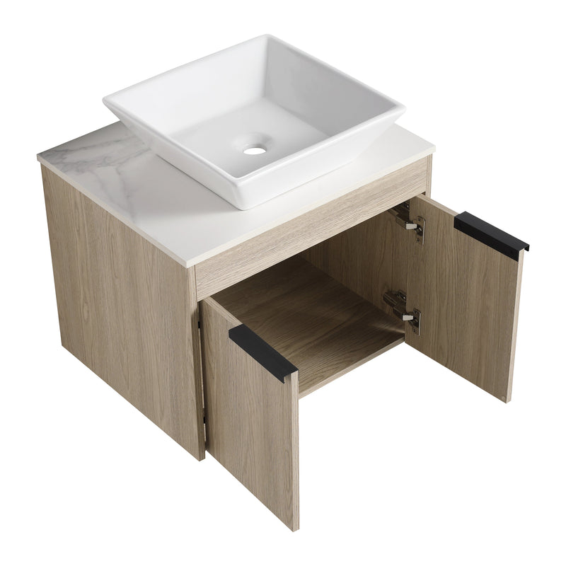 24" Modern Design Float Bathroom Vanity With Ceramic Basin Set, Wall Mounted White Oak Vanity With Soft Close Door, KD-PackingD-Packing Pieces