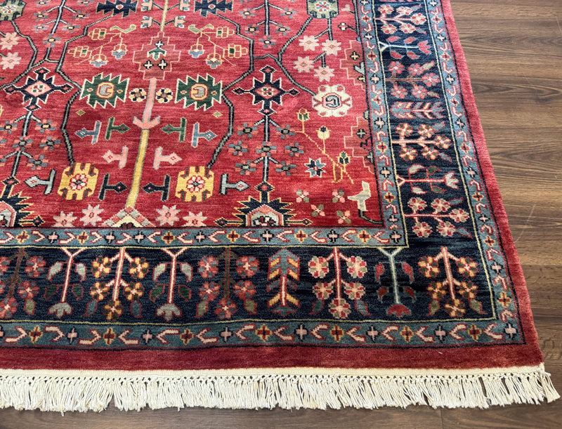Indo Persian Heriz Serapi Rug 6x8, Rust Red and Navy Blue, Allover Pattern