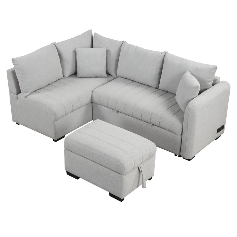82.6" L-shaped Sectional Pull Out Sofa Bed Sleeper Sofa with Two USB Ports, Two Power Sockets and a Movable Storage Ottoman, Gray
