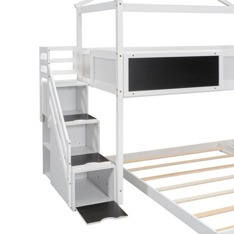 Walker Edison | Twin over Full House Bunk Bed with Storage Staircase and Blackboard, White