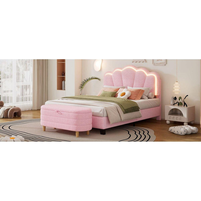2-Pieces Bedroom Sets Full Size Flower-Shaped Upholstered LED Platform Bed with Storage Ottoman-Sherpa Fabric, Pink