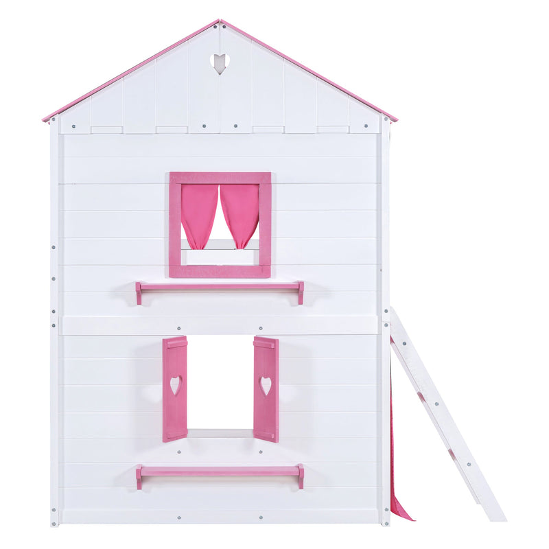 Full Size Bunk Wood House Bed with Elegant Windows, Sills and Tent, Pink+White