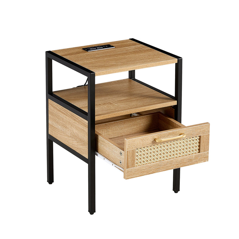 15.75" Rattan End table with Power Outlet & USB Ports, Modern nightstand with drawer and metal legs, side table for living room, bedroom,natural(1 PC)