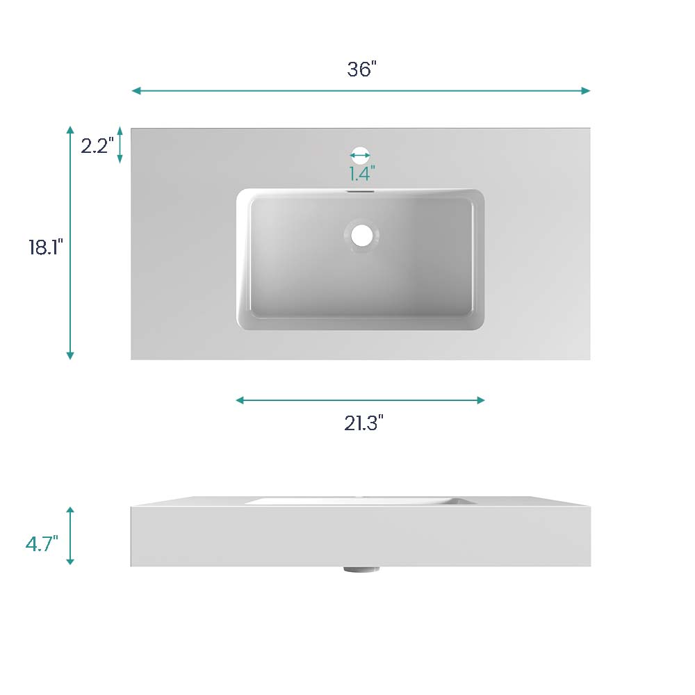 BB02-36-101 Integrated Solid Surface Basin Without Drain and Faucet, Glossy, photo 7 of 10