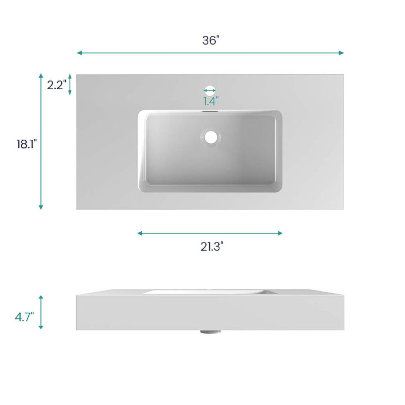 BB02-36-101 Integrated Solid Surface Basin Without Drain and Faucet, Glossy, photo 7 of 10